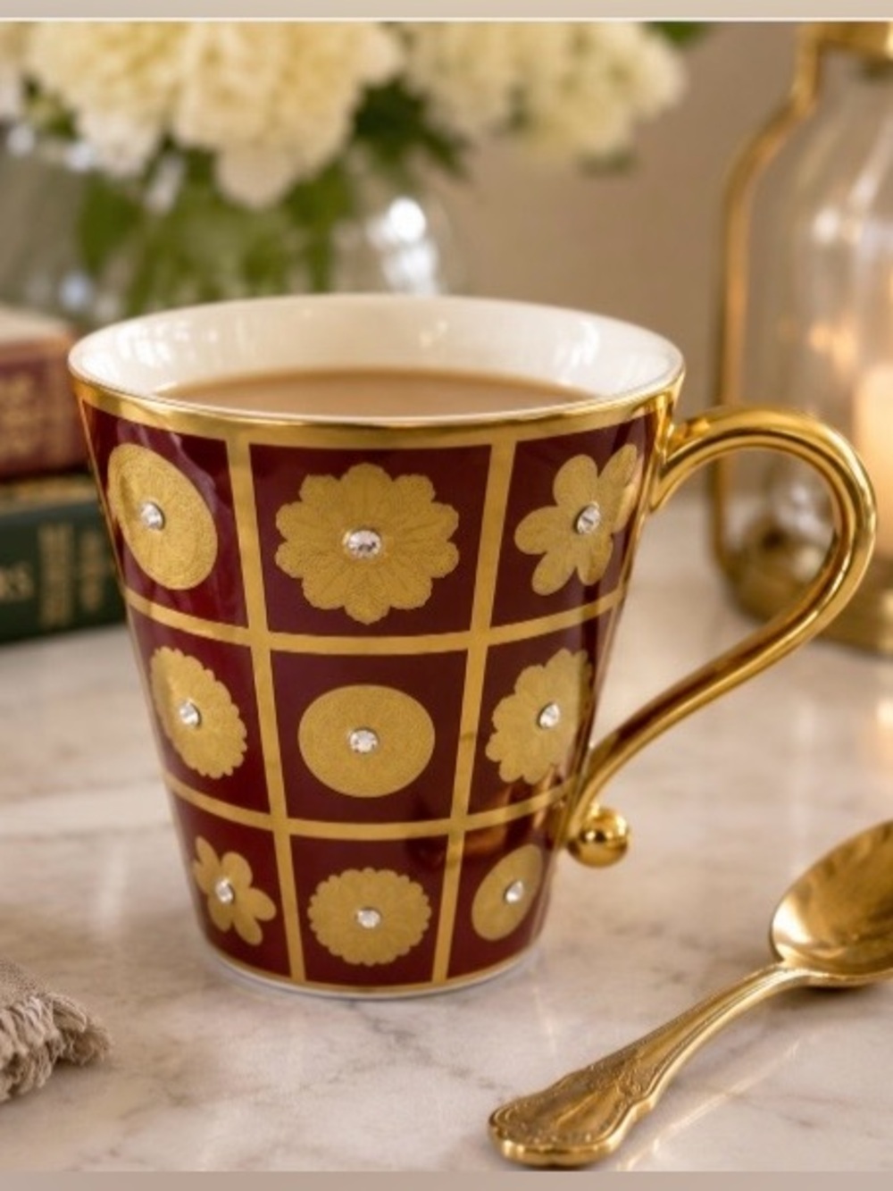Prouna "Rich Red " 7502 Mug Swarovski Elements 24K Gold Plated Accents Luxury
